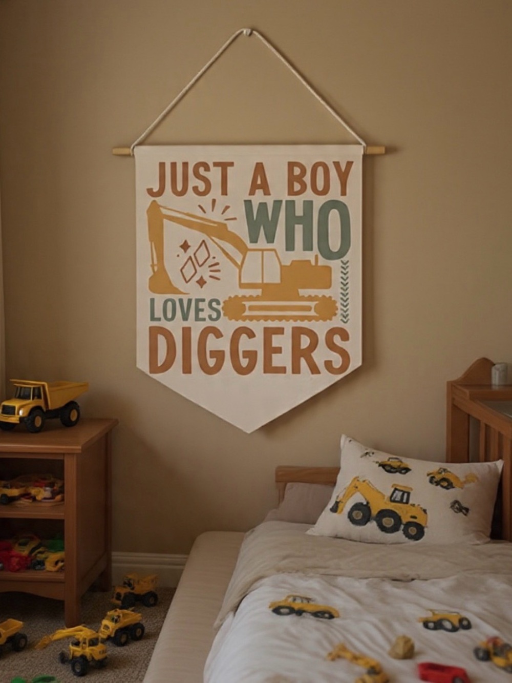 Just A Boy Who Loves Diggers Wall Pennant Kids Room Flag, Bedroom Wall Decor